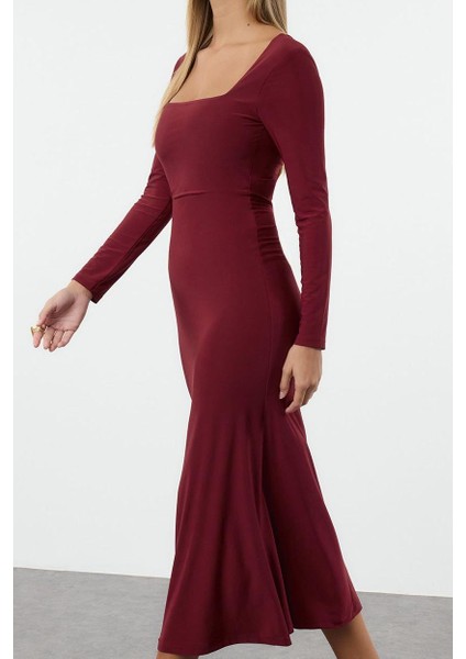 Moda Stil Slim Kare Yaka Maxi Boy Volanlı Fitted Vücuda Oturan Esnek Örme Elbise fırsatları