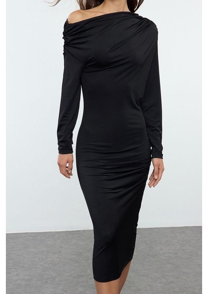 Moda Stil Slim Asimetrik Yaka Midi Boy Fitted Vücuda Oturan Örme Elbise