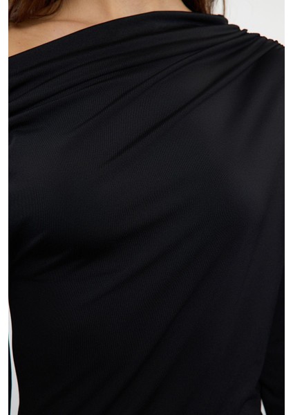 Moda Stil Slim Asimetrik Yaka Midi Boy Fitted Vücuda Oturan Örme Elbise