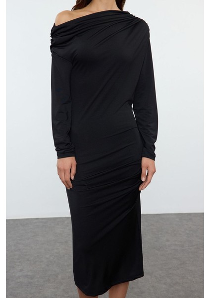 Moda Stil Slim Asimetrik Yaka Midi Boy Fitted Vücuda Oturan Örme Elbise