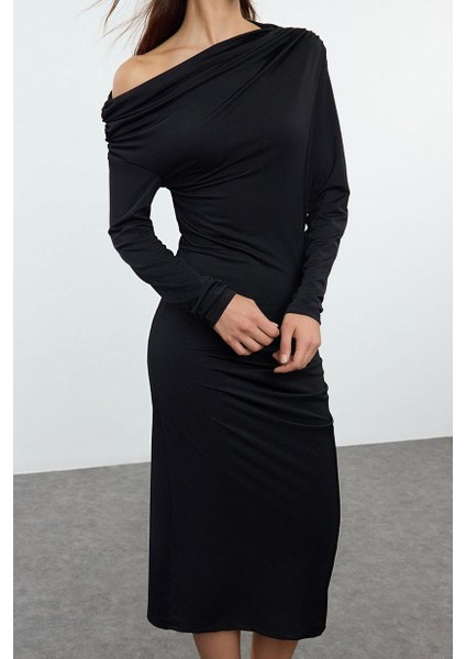 Moda Stil Slim Asimetrik Yaka Midi Boy Fitted Vücuda Oturan Örme Elbise