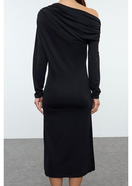 Moda Stil Slim Asimetrik Yaka Midi Boy Fitted Vücuda Oturan Örme Elbise