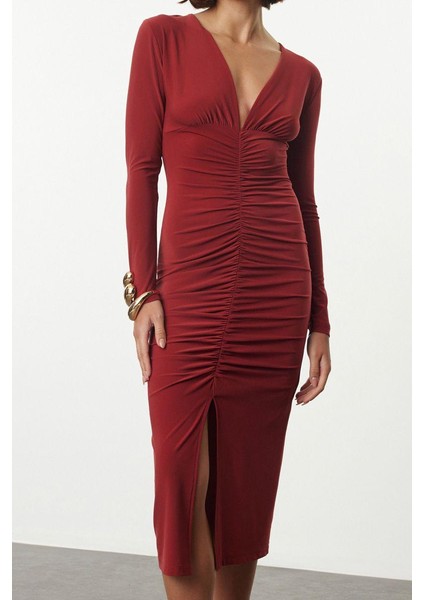 Moda Stil Slim V Yaka Midi Boy Düz Büzgülü Drapeli Fitted Vücuda Oturan Esnek Örme Elbise