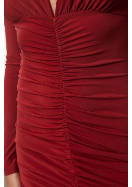 Moda Stil Slim V Yaka Midi Boy Düz Büzgülü Drapeli Fitted Vücuda Oturan Esnek Örme Elbise