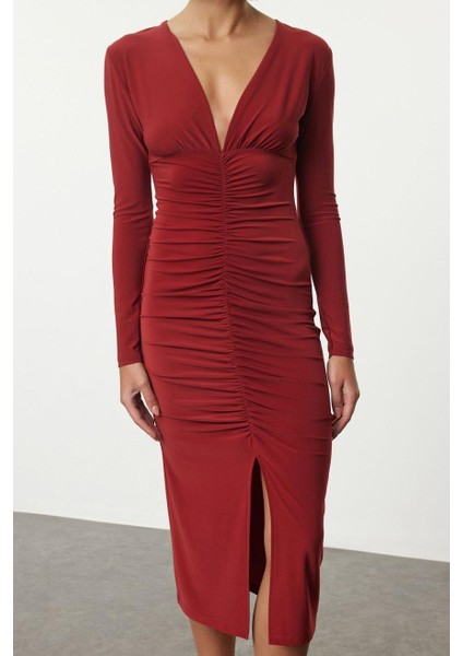 Moda Stil Slim V Yaka Midi Boy Düz Büzgülü Drapeli Fitted Vücuda Oturan Esnek Örme Elbise