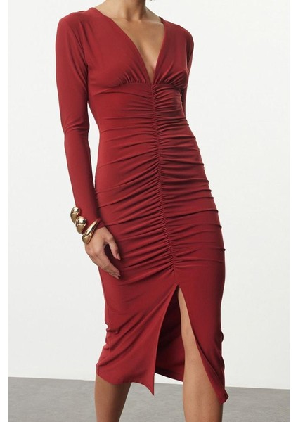 Moda Stil Slim V Yaka Midi Boy Düz Büzgülü Drapeli Fitted Vücuda Oturan Esnek Örme Elbise