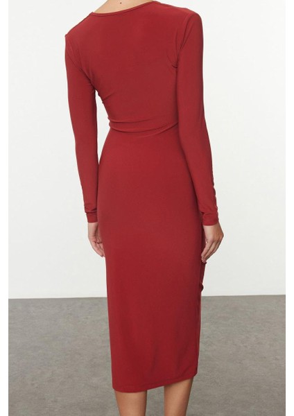 Moda Stil Slim V Yaka Midi Boy Düz Büzgülü Drapeli Fitted Vücuda Oturan Esnek Örme Elbise