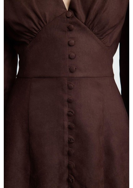 Moda Stil Regular V Yaka Mini Boy Düz Balon Kollu Süet Dokuma Elbise