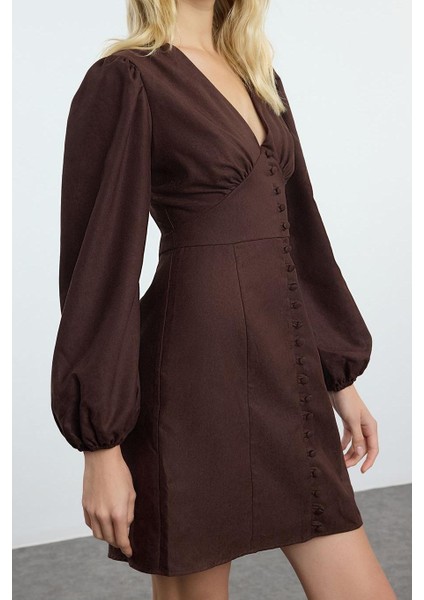 Moda Stil Regular V Yaka Mini Boy Düz Balon Kollu Süet Dokuma Elbise
