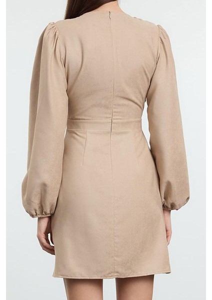 Moda Stil Regular V Yaka Mini Boy Düz Balon Kollu Süet Dokuma Elbise