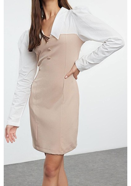 Moda Stil Fitted Gömlek Yaka Mini Boy Düz Vücudu Saran Dokuma Elbise