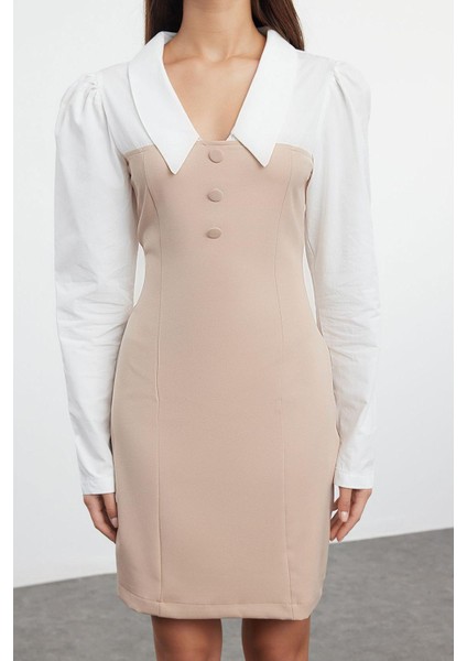Moda Stil Fitted Gömlek Yaka Mini Boy Düz Vücudu Saran Dokuma Elbise