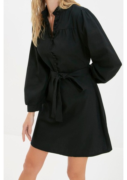 Moda Stil Regular Dik Yaka Mini Boy Dokuma Elbise