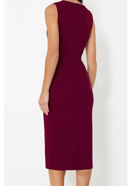 Moda Stil Fitted Bisiklet Yaka Midi Boy Pencere Cut Out Detaylı Dokuma Elbise