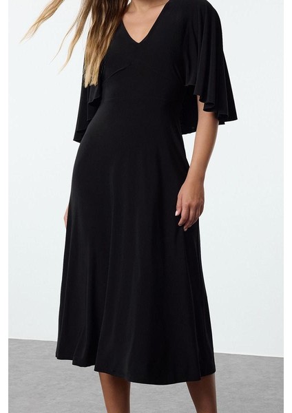 Moda Stil Regular V Yaka Maxi Boy Düz Pelerinli Esnek Örme Elbise