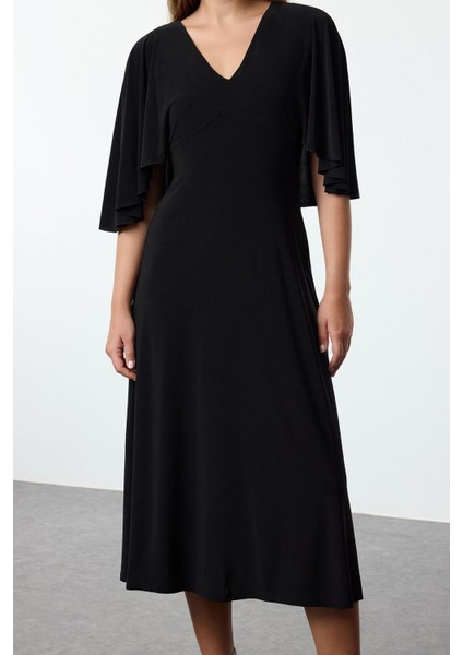 Moda Stil Regular V Yaka Maxi Boy Düz Pelerinli Esnek Örme Elbise