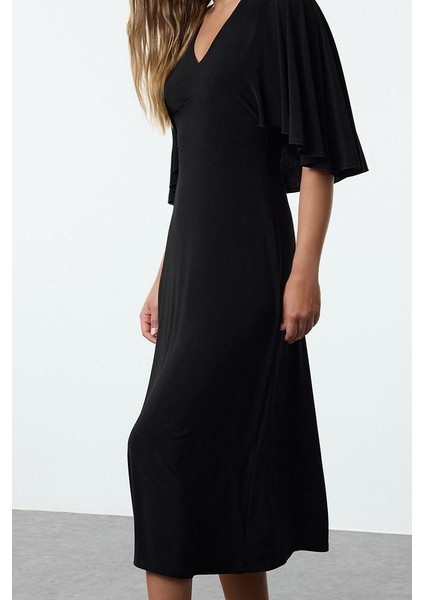Moda Stil Regular V Yaka Maxi Boy Düz Pelerinli Esnek Örme Elbise