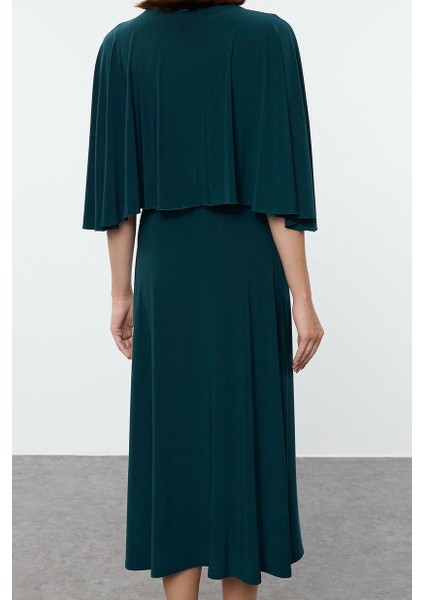 Moda Stil Regular V Yaka Maxi Boy Düz Pelerinli Esnek Örme Elbise