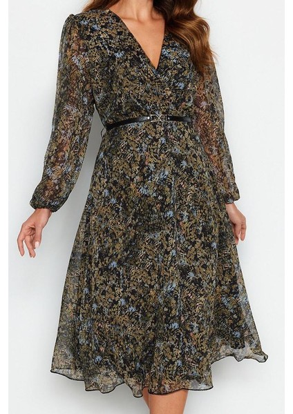 Moda Stil Regular Kruvaze Midi Boy Kemerli A Kesim Yaka Desenli Şifon Elbise Dokuma Elbise