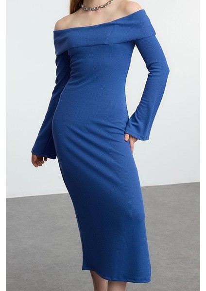 Moda Stil Slim Carmen Yaka Midi Boy Fitted Vücuda Oturan Yumuşak Dokulu Esnek Örme Kalem Elbise