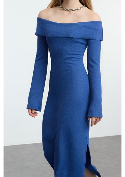 Moda Stil Slim Carmen Yaka Midi Boy Fitted Vücuda Oturan Yumuşak Dokulu Esnek Örme Kalem Elbise fırsatları