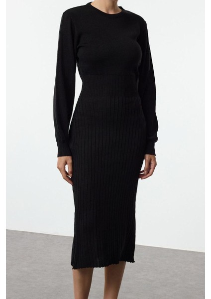 Moda Stil Regular Bisiklet Yaka Midi Boy Triko A-Line Formda Elbise
