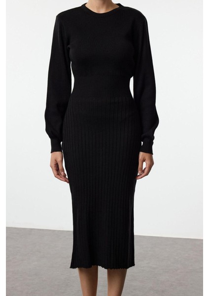 Moda Stil Regular Bisiklet Yaka Midi Boy Triko A-Line Formda Elbise