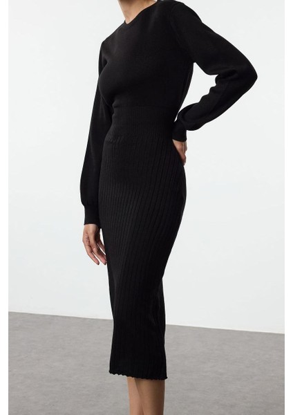 Moda Stil Regular Bisiklet Yaka Midi Boy Triko A-Line Formda Elbise