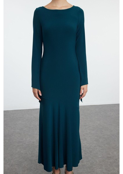 Moda Stil Slim Kayık Yaka Maxi Boy Düz Vücuda Oturan Eteği Volanlı Esnek Örme Elbise modelleri
