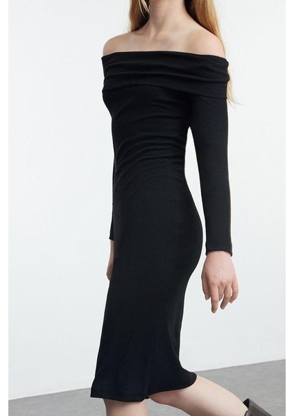 Moda Stil Slim Carmen Yaka Midi Boy Fitted Vücuda Oturan Fitilli Esnek Örme Elbise