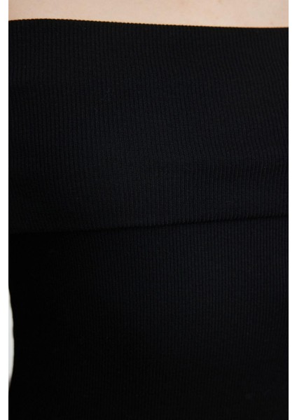 Moda Stil Slim Carmen Yaka Midi Boy Fitted Vücuda Oturan Fitilli Esnek Örme Elbise