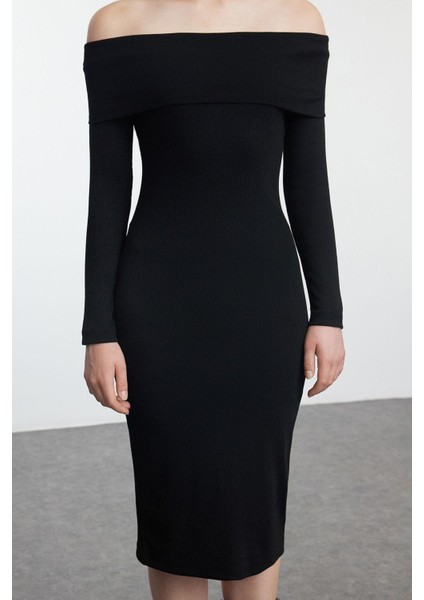 Moda Stil Slim Carmen Yaka Midi Boy Fitted Vücuda Oturan Fitilli Esnek Örme Elbise
