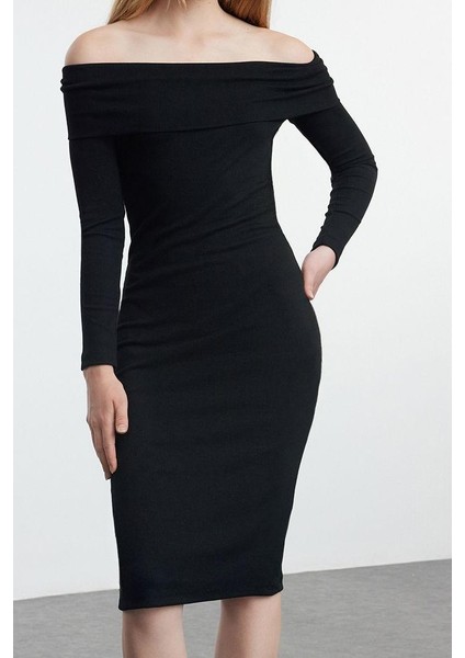 Moda Stil Slim Carmen Yaka Midi Boy Fitted Vücuda Oturan Fitilli Esnek Örme Elbise