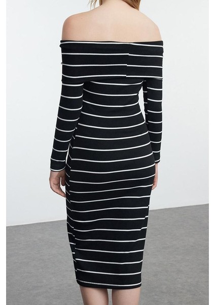Moda Stil Slim Carmen Yaka Midi Boy Fitted Vücuda Oturan Fitilli Esnek Örme Elbise