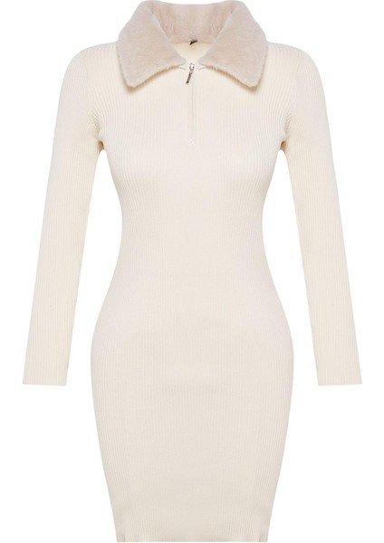 Moda Stil Slim Polo Yaka Mini Boy Triko Suni Kürk Detaylı Elbise modelleri