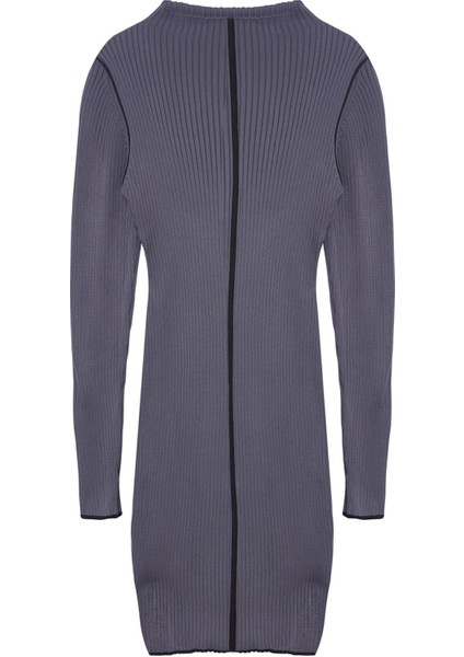 Moda Stil Slim Dik Yaka Mini Boy Kahverengi Triko Konstrat Renkli Elbise modelleri