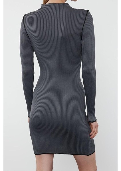 Moda Stil Slim Dik Yaka Mini Boy Kahverengi Triko Konstrat Renkli Elbise indirimleri