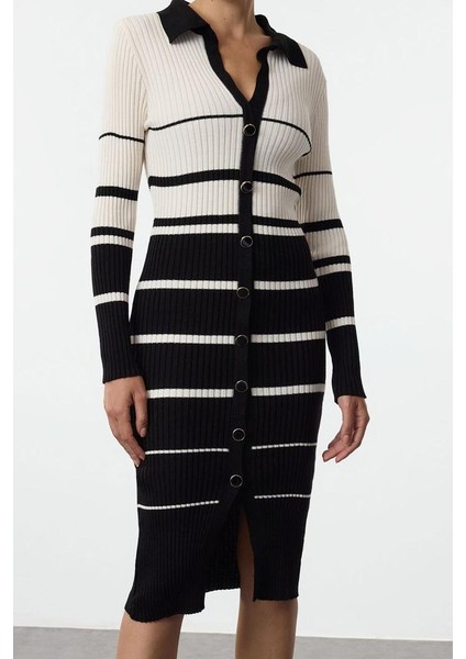 Moda Stil Slim Polo Yaka Midi Boy Triko Renk Bloklu Çizgili Elbise