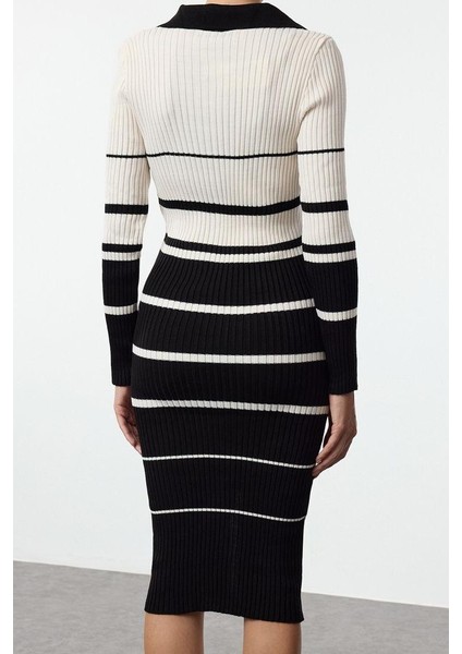 Moda Stil Slim Polo Yaka Midi Boy Triko Renk Bloklu Çizgili Elbise fiyatları