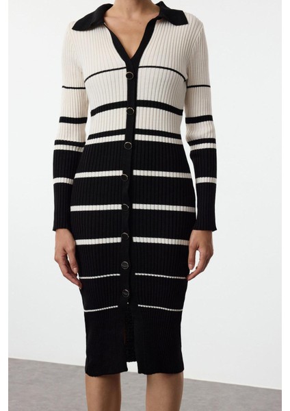 Moda Stil Slim Polo Yaka Midi Boy Triko Renk Bloklu Çizgili Elbise modelleri