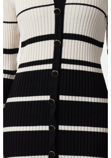 Moda Stil Slim Polo Yaka Midi Boy Triko Renk Bloklu Çizgili Elbise fırsatları