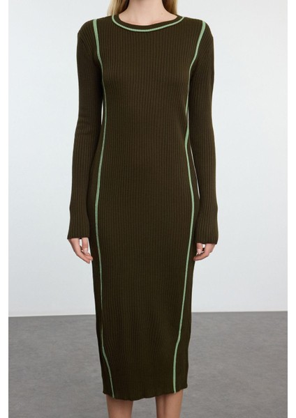 Moda Stil Slim Bisiklet Yaka Midi Boy Triko Renk Bloklu Elbise