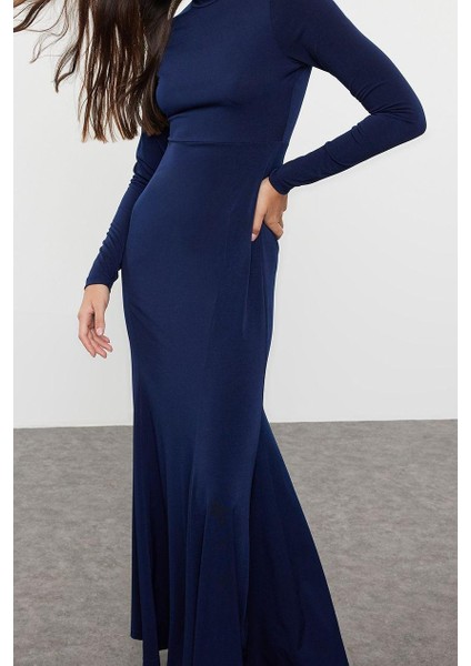 Moda Stil Regular Dik Yaka Maxi Boy Düz Fitted Vücuda Oturan Esnek Örme Elbise