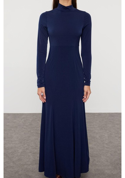 Moda Stil Regular Dik Yaka Maxi Boy Düz Fitted Vücuda Oturan Esnek Örme Elbise modelleri