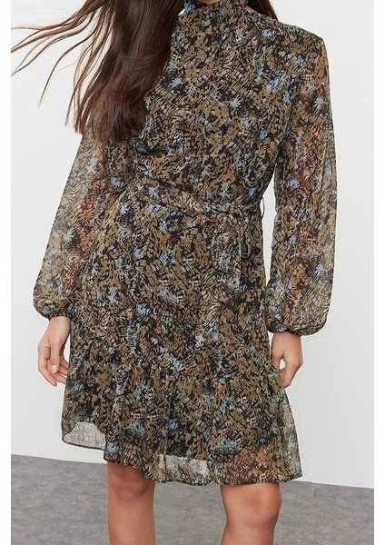 Moda Stil Regular Dik Yaka Mini Boy Çiçekli Dokuma Kışlık Elbise