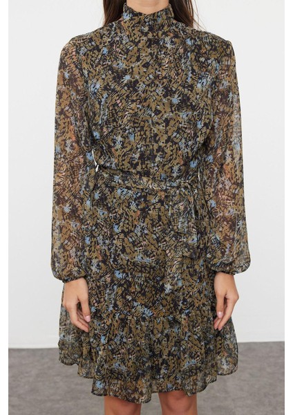 Moda Stil Regular Dik Yaka Mini Boy Çiçekli Dokuma Kışlık Elbise modelleri