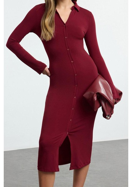 Moda Stil Slim Düğmeli Yaka Maxi Boy Düz Polo Yaka Fitted Vücuda Oturan Patlı Esnek Örme Elbise