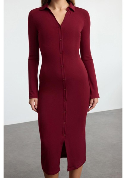 Moda Stil Slim Düğmeli Yaka Maxi Boy Düz Polo Yaka Fitted Vücuda Oturan Patlı Esnek Örme Elbise modelleri