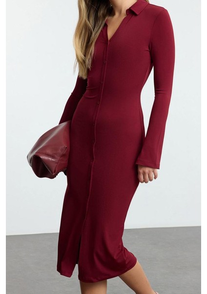 Moda Stil Slim Düğmeli Yaka Maxi Boy Düz Polo Yaka Fitted Vücuda Oturan Patlı Esnek Örme Elbise fırsatları