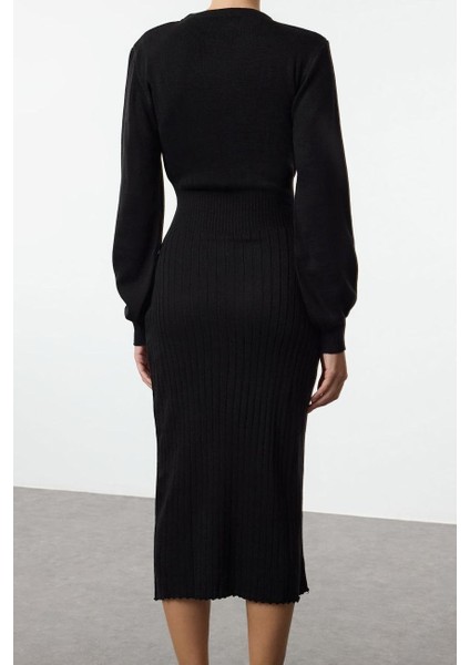 Moda Stil Regular Bisiklet Yaka Midi Boy Triko A-Line Formda Elbise